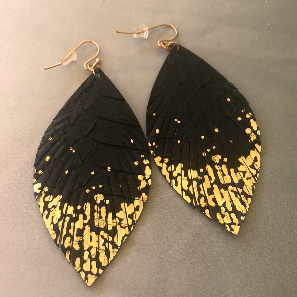 Handmade Leather Faux Feather Earrings Black & Gold toned